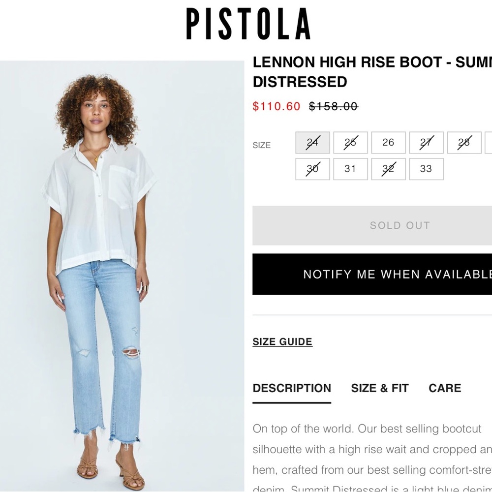 NWT Pistola Lennon boot cut Jean high rise